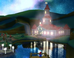suppermariobroth:  The reflection of Peach’s Castle in the water at the beginning of Super Mario Galaxy is achieved by hiding a low-polygon copy of the castle with extended light beams for windows under the surface of the water. 