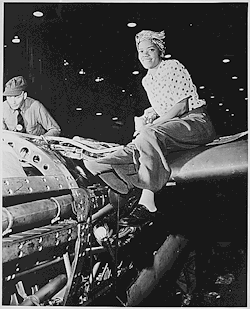 usnatarchives:  This photo is titled “Riveter at Lockheed Aircraft Corp., Burbank, CA”. The women pictured is donning a headscarf, similar to the one cultural icon “Rosie the Riveter” wears. “Rosie the Riveter” became a powerful symbol of