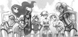 Originally it was just Nightmare Moon, Sunset Shimmer, and Nightmare Rarity.From left to right: Nightmare Moon, Chrysalis, Sunset Shimmer, Gilda, Trixie, and Nightmare Rarity. Gilda had this high spiky hair, but I changed it. You guys commented too much