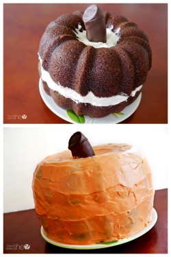 truebluemeandyou:  DIY Pumpkin Shaped Cake Recipe and Tutorial from How Does She. This is bundt shaped pumpkin cakes with cream cheese frosting. And for more Halloween cakes go here. What else can you make with a bundt cakes? A lot of bundt cakes? This