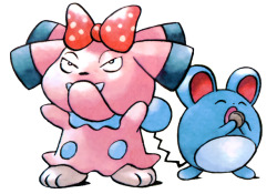 hirespokemon:Ken Sugimori artwork of Snubbull and Marill from the Pokémon Crystal instruction manual (Trainer’s Guide).