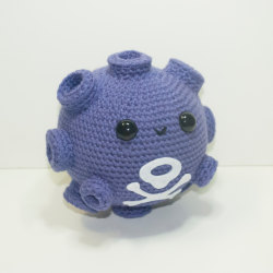 heartstringcrochet:  #109 Koffing, the Poison Gas Pokémon.  Now available and READY TO SHIP! https://www.etsy.com/listing/204514338/koffing-made-to-order I gave this chubby guy two gas craters to look like his hands. :} 