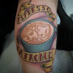 fuckyeahtattoos:  &ldquo;Espresso Patronum&rdquo; by Jared Bent at Rose Golds Tattoo in the Haight District San Francisco, CA Use to be a barista and wanted something to signify my two favorite things, making coffee and Harry Potter.  Thought it was