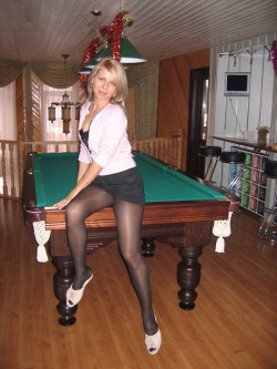 tightsobsession:  Opaque tights on a pool table. Tights week starts November 3rd! 