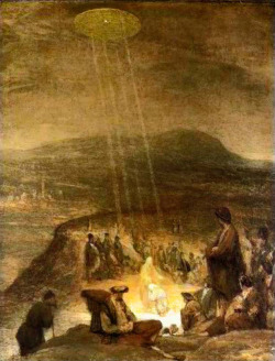 sixpenceee:  The Baptism of ChristA disk shaped object is shining beams of light down on John the Baptist and Jesus. Painted in 1710 by Flemish artist Aert De Gelder. It depicts a classic, hovering, silvery, saucer shaped UFO shining beams of light down