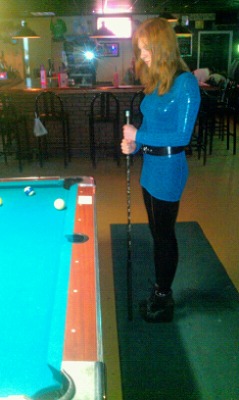 modurbod:  black fantastic rubber catsuit, blue see though mesh dress, and thick black rubber belt out shooting pool  Who dares&hellip;?