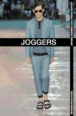 monsieurcouture:  Spring/Summer 2015 Trend Report.Joggers.The days of sloppy sweatpants are way gone. This season take on sweats goes with a tapered sweatpants called “jogger pants”. The legs of the sweatpants, which feature elastic at the waist or