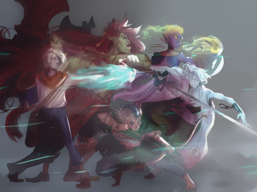 I’ve had this group shot of our D&amp;D group as a wip for so long without really knowing where to go with it so here’s a messy painty version of it!