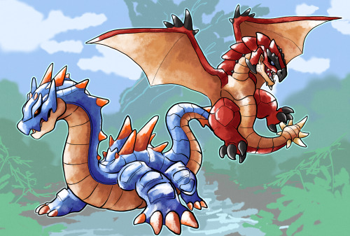 radicalgator:  Mixin it up, time for monster hunter instead of kaiju! heres rathalos, and the big ocean boy lagiacrus as more pokemony designs