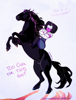 chiaramartinelliart:  For the serie “Too Short to Ride…. Horses!“, today we have Garnet with her female Friesian.Steven is asking how does she feel, but Garnet is always…. Garnet :P (however I love imagining her screaming deep inside, probably