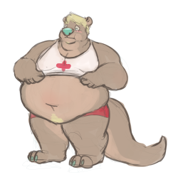 furbleofyourdreams:  Life is tough when your swimmer’s build suddenly becomes that of a beached whale! ESPECIALLY when one of your job requirements is being able to fit into the provided uniform. Looks like proffessional beach hunk Ahoy is going to