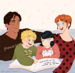 sofiaruelle:  i know i know i’m suppose to draw kwami Tikki and Plagg for the 3rd Day but i cant help think of a HUMAN AU where Tikki and Plagg are married.Plagg is one of Adrien’s tutors and Tikki baby sits Marinette for the Dupain-Chengs often.