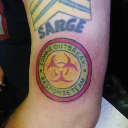 I did the zombie badge but not the sarge.   Thank youu.    #ink #tattoos #chelsea #boston  #ravenseyeink #tattoo  #color  #apocalypse #biohazard #color  #zombie  (at Raven&rsquo;s Eye Ink)