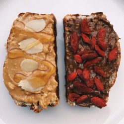 befit-behealthy-beyou:Afternoon Sunday snack after a nice relaxing day with friends and family! Protein banana bread, one with @mayversfood crunchy peanut butter, sliced almonds and honey, and one with @mayversfood dark chocolate super spread and goji
