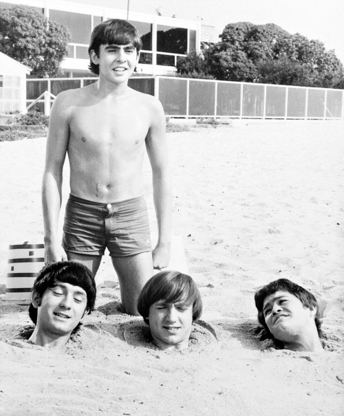 Le groupe pop Monkees - David Jones, Peter Tork, Mikey Braddock et Michael Blessing s'amusent sur la plage en 1966.