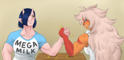homeworldadventures:  someone on twitter requested this and I must thank them because I had a lot of fun drawing this. Oga from elf-san wa yaserarenai and Jasper from steven universe having a friendly arm wrestling match.  
