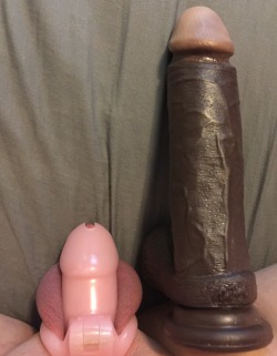 cuckoldcouple4blackmenonly:  My Sissy Cuckold Hubby comparing his little locked up clit up next to the Big Black Dildo that I fuck his Boi Pussy with every night!! 
