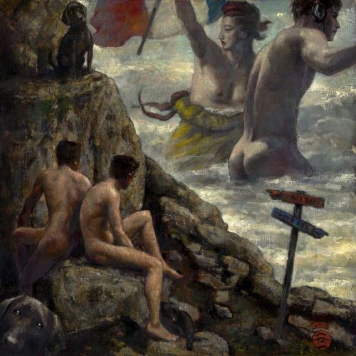 scottsbifh:    Artist Philip Gladstone  “The Path&quot;  April 2019 A fanciful mashup of source imagery, including a 19th century photograph of nudes seated on rocks by Wilhelm von Gloeden; the protagonist of Horace Bristol’s iconic 1944 US Navy