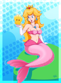 sutibaru:  [CM] Peachside Powerup by SutibaruArt    A commission for Peach, surprised by the mermaid form she took after touching an unfamiliar shell powerup. 
