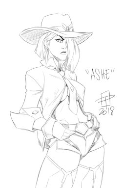 pinupsushi: callmepo:  ASHE.  New Overwatch character.  Cowgirl. Sexy. Deadly. Angry. White hair.  Need to draw in booty shorts.  KO-FI / TWITTER  …and now without shorts. Goofy follow up sketch.  yummy ;9