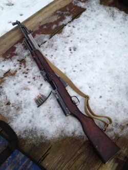 childrenofanu:  My sling, stripper clips, and buttstock cleaning kit came in the mail today, so i was finally able to take my Russian Tula SKS out to the range, hit a bullseye at 100 yards, pretty surprised how well it shoots.