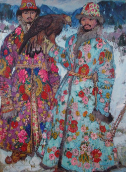 Leon Shulman Gaspard: Falconry in Central Asia, oil on silk, 58x43 cm, Fred Jones Jr. Museum of Art
