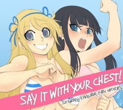 crybringer:  SAY IT WITH YOUR CHEST!  A collection of full color fan art, of the cast of Senran Kagura – 28 pages   cover, in a 5.5x8.5 book, debuting at New York Comic Con!  Featuring the works of Junkpuyo, DuckDraw, Shonuff44, and more, just in