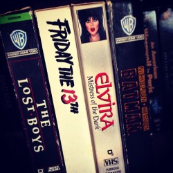 vampiirking:  @magicalgirly has a pretty bitchin’ VHS collection. #vhs #horror #thelostboys #fridaythe13th #elvira #batman