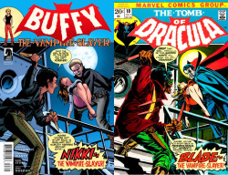 buffythecomicslayer:  Georges Jeanty’s cover homages to classic comic covers in Buffy the Vampire Slayer The Tomb of Dracula #10, Gene Colan (1973) Action Comics #1, Joe Shuster (1938) Action Comics #568, Howard Bender and Jerry Ordway (1985) Uncanny