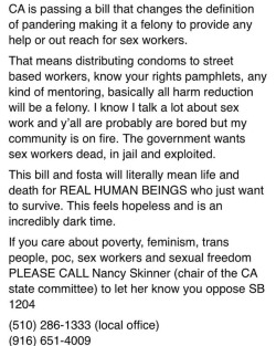 workingitinportland: CA friends, PLEASE call about this. This bill has already affected outreach services similar to the ones STROLL provides; if you care about sex workers, if you’ve been wanting to do something to help us and regretting not harassing