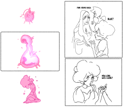 hattersarts:    pink diamond getting poofed for the first time Little headcanon that larger gems take much longer to reform and emotions can also affect time. I figured pink might have done something a little childish/reckless if she did ever loose her