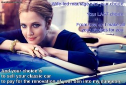 flr-captions: Wife-led marriage was your choice.  Caption Credit: Uxorious Husband Image Credit: https://www.pexels.com/photo/adult-attractive-beautiful-car-347281/ 