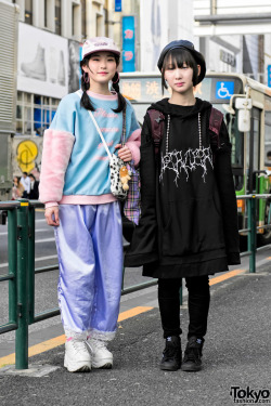 tokyo-fashion:  16-year-old Japanese students Gumi and Rui on the street in Harajuku. Gumi is wearing colorful fashion by Little Sunny Bite and Neon Moon. Rui is wearing dark fashion by BERCERK and Never Mind the XU. Full Looks