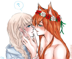 noiresplendence:  They are back again, because I like them. With Fox!Anna possessing a flower band, and no, she doesn’t have clothes, a big no too because she doesn’t like wearing them since its constricting. And…Fox!Anna loves making Elsa feel