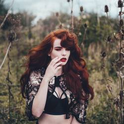 miss-deadly-red:  Ginger in nature ❤️ wearing the beautiful @playfulpromises Anna cape and harness bra ❤️ shot by the wonderful @amyspanos ❤️ #contouring #eyebrows #ginger #redhead #lingerie #redlips #makeup #mua #pale #vintage #retro #smokeyeyes