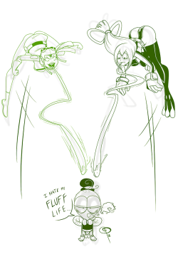 chillguydraws: Tongue-Tied Fly Commission for @elementlizard Larry from I Hate Fairyland doesn’t seem too concerned that Princess Attea from Ben 10 Omniverse and Tsuyu from My Hero Academia are about to duel over which one gets to make him a meal. 