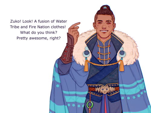 sword-over-water:  Sokka thinks Water Tribe’s blue and Fire Nation’s gold go very well together, aesthetically speaking. Zuko agrees wholeheartedly.  Also yes, one seamstress got very rich, very suddenly, and lives near the palace now.  Zuko being
