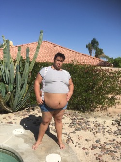 bigfattybc:  Some pics in my little short shorts and piggy suspenders â€¦please ignore some of the faces i made..XD the sun was blinding me and its hard work for a fat ass like myself  Why aren&rsquo;t daisy dukes mandatory for all chubs yet?!