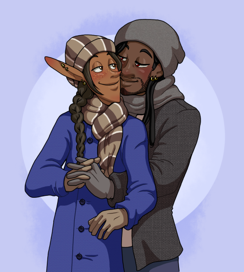 ungarmax:my @thecandlenightszone exchange piece for @crypticbard_![ id: a digital artwork of taako and kravitz from the adventure zone: balance. they are both wearing winter coats and scarves and hats. taako is a thin elf with tan skin and dark brown