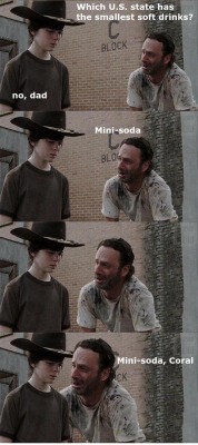 shanehelmscom:  thegeekcritique:  blueeyedmenace:  The walking dead// Rick Grimes dad jokes redux the walking dead// Rick Grimes dad jokes part 1  Shawn writes: Rebecca and I laughed so hard our sides and cheeks hurt.  Of course we were up late and tired,