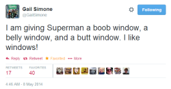 olgaulanova:  americanninjax:  isaia:  mybodythehandgrenade:  brinconvenient:  gailsimone:  chrishaley:  Done and done. (Not pictured: “Butt window”, but trust me, it’s there.)  You have no idea how much this cheered me up just now.  I for one,