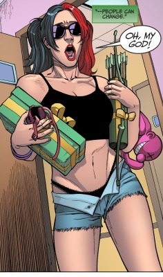 capricious-muse:  Okay but Harley is so fucking considerate, tho? She knows Canary and Arrow are having a baby and that the baby will either be an archer or a screamer and she presents gifts accordingly. Holy shit. xD