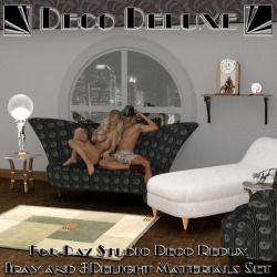  Deco Deluxe for Daz Studio&rsquo;s Deco Redux brings this popular product to Iray in 5 exciting Styles. Style 1 is a pink deco fan patterned upholstery with dark wood legs. Style 2 is a golden pink tone deco fan patterned upholstery with light wood legs