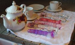 naughtynyx:  dirtydamsel:  docjohnsonusa:  Seen: Purple &amp; Pink Crystal Jellies 6” Anal Starter Tea, anyone?   Sounds like my kind of party.  Just a sploosh?  There we are, now. 
