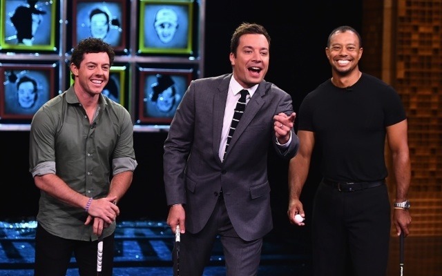 Rory McIlroy and Tiger Woods join Jimmy Fallon in New York. (Getty Images)