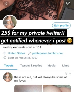 petitequeen: petitequeen:   replacing my private blog with a private twitter!!   that way i can keep track of my followers better &amp; everyone can turn on notifications for when i post new stuff 😛   25$ one time, updated a few times a week   adding