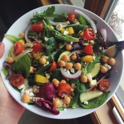 completelycaroline:  goodhealthgoodvibes:  Chicken &amp; raw veggie salad with spring mix bell pepper, zucchini, red onion, tomato, chickpeas, feta, and sunflower seeds. I made my own dressing which was garlic, Dijon mustard, avocado oil and balsamic