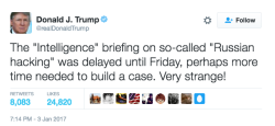 sleighinbedgrowyourhair: our new president is publicly undermining his own intelligence agencies bc he would like his word to be the only word on absolutely everything, regardless of fact &amp; reality. 