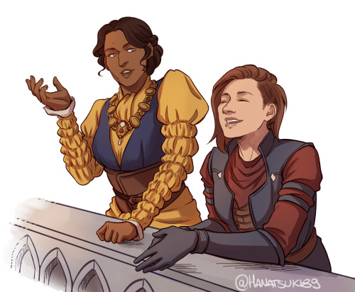 askweisswolf:Lovely art of my Inquisitor, Laurel Cadash, and her LI Josephine engaging in some good old fashioned gossip by @hanatsuki89! Thank you so much!