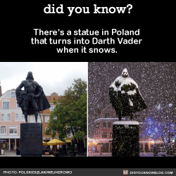 did-you-kno: There’s a statue in Poland that turns into Darth Vader when it snows.    The statue is actually a dedication to the town’s founder, Jakub Wejher, who died in a mining accident almost 400 years ago.   Source 